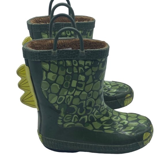 Western Chief Green Dinosaur Rain Boots Boys Size 9/10 Synthetic Fleece Lined - Picture 1 of 8